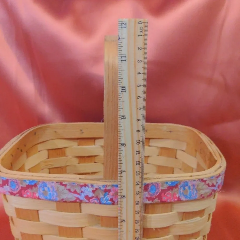 Vintage Woven Wood Splint Basket with Floral Fabric Trim and Fixed Handle